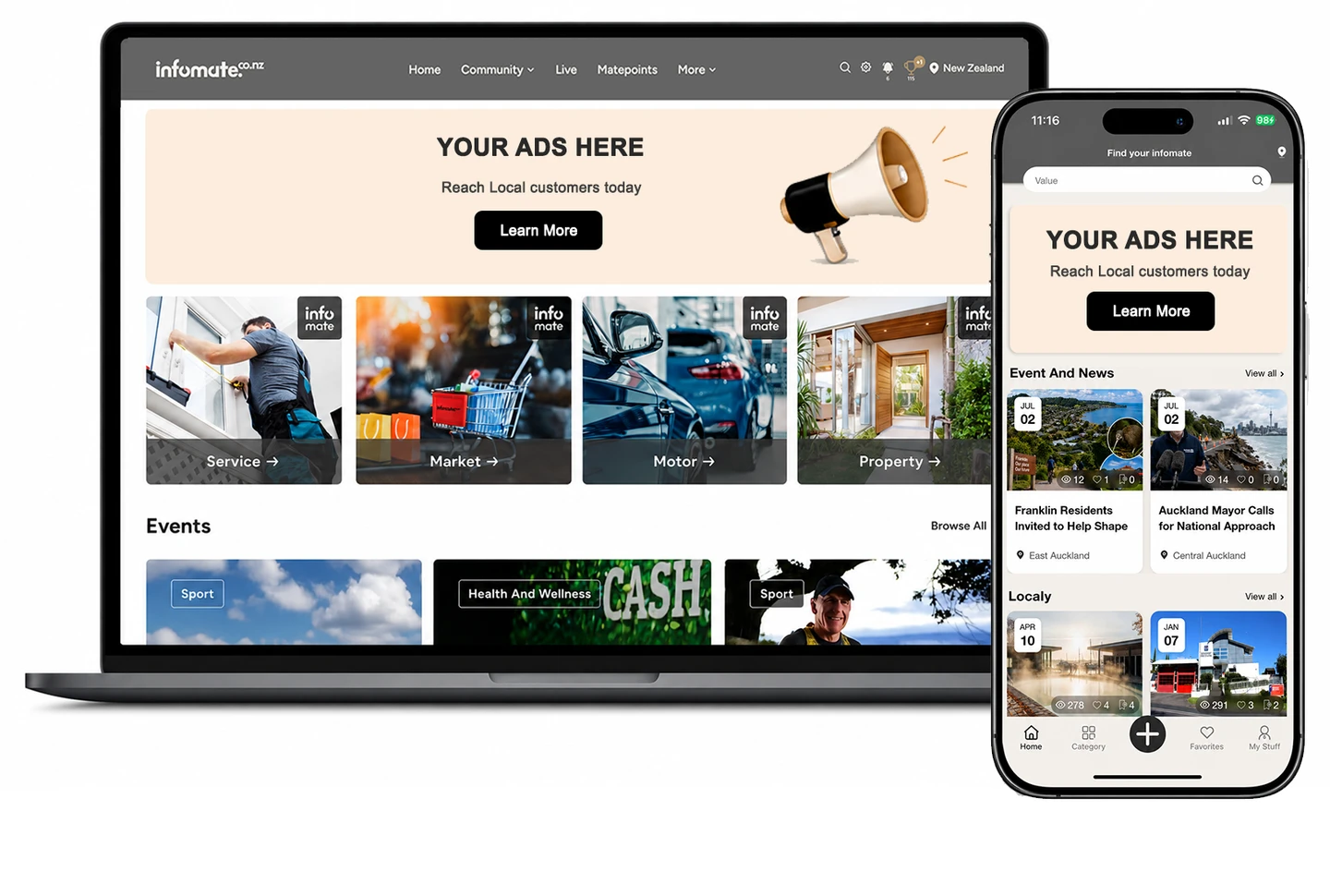 Infomate advertising on desktop and mobile